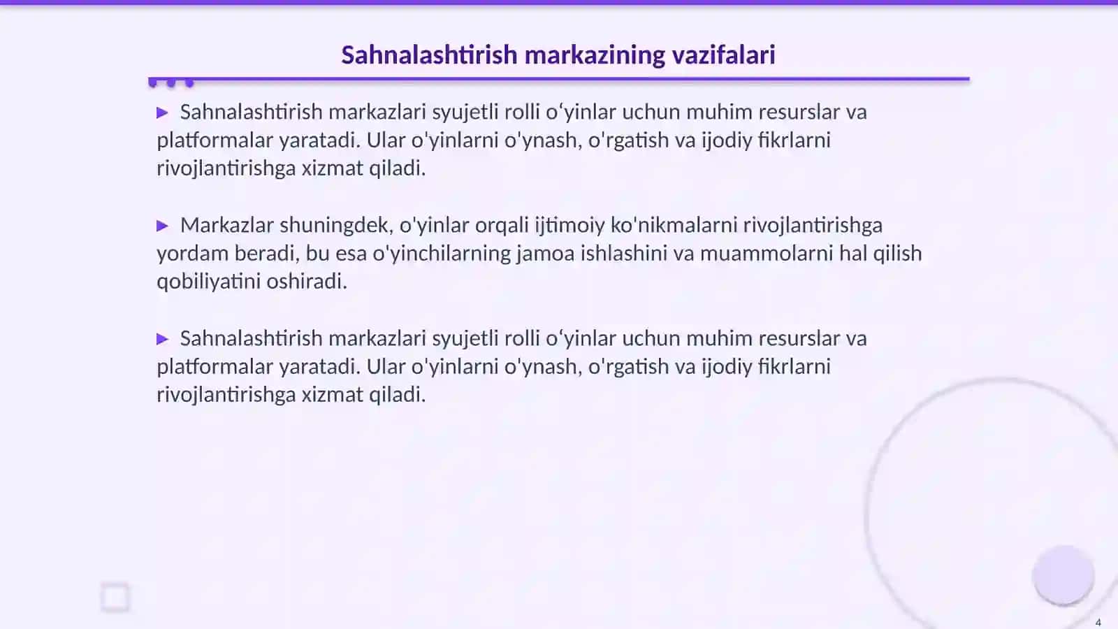 Syujetli rolli oʻyinlar va sahnalashtirish markazi 4