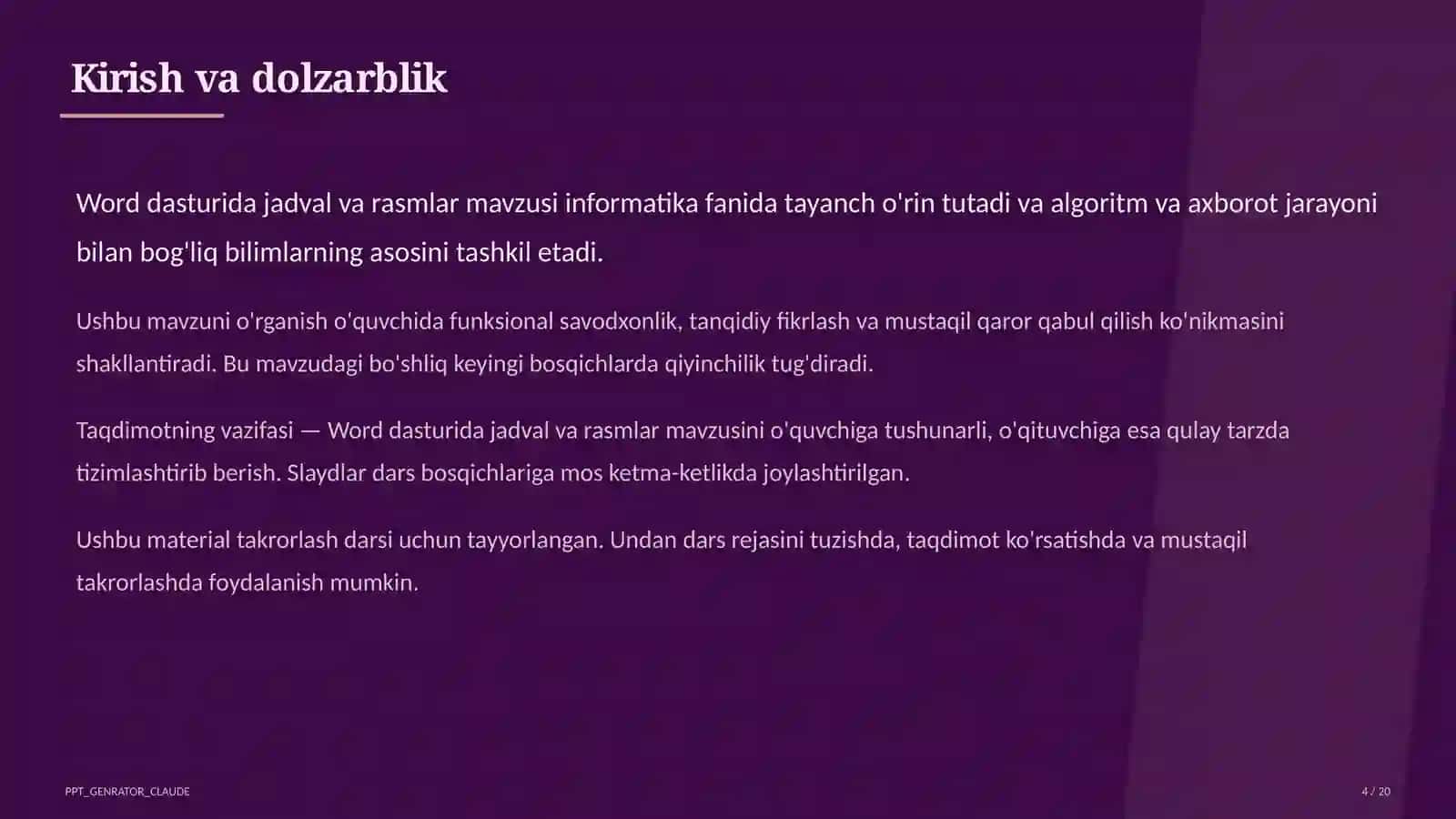 Word dasturida jadval va rasmlar (6-sinf) 4