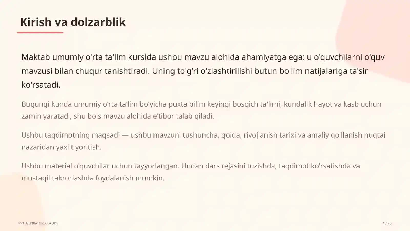 Dolzarb mavzular — maktab va o'qituvchilar (2026) — o'quvchilar uchun 4