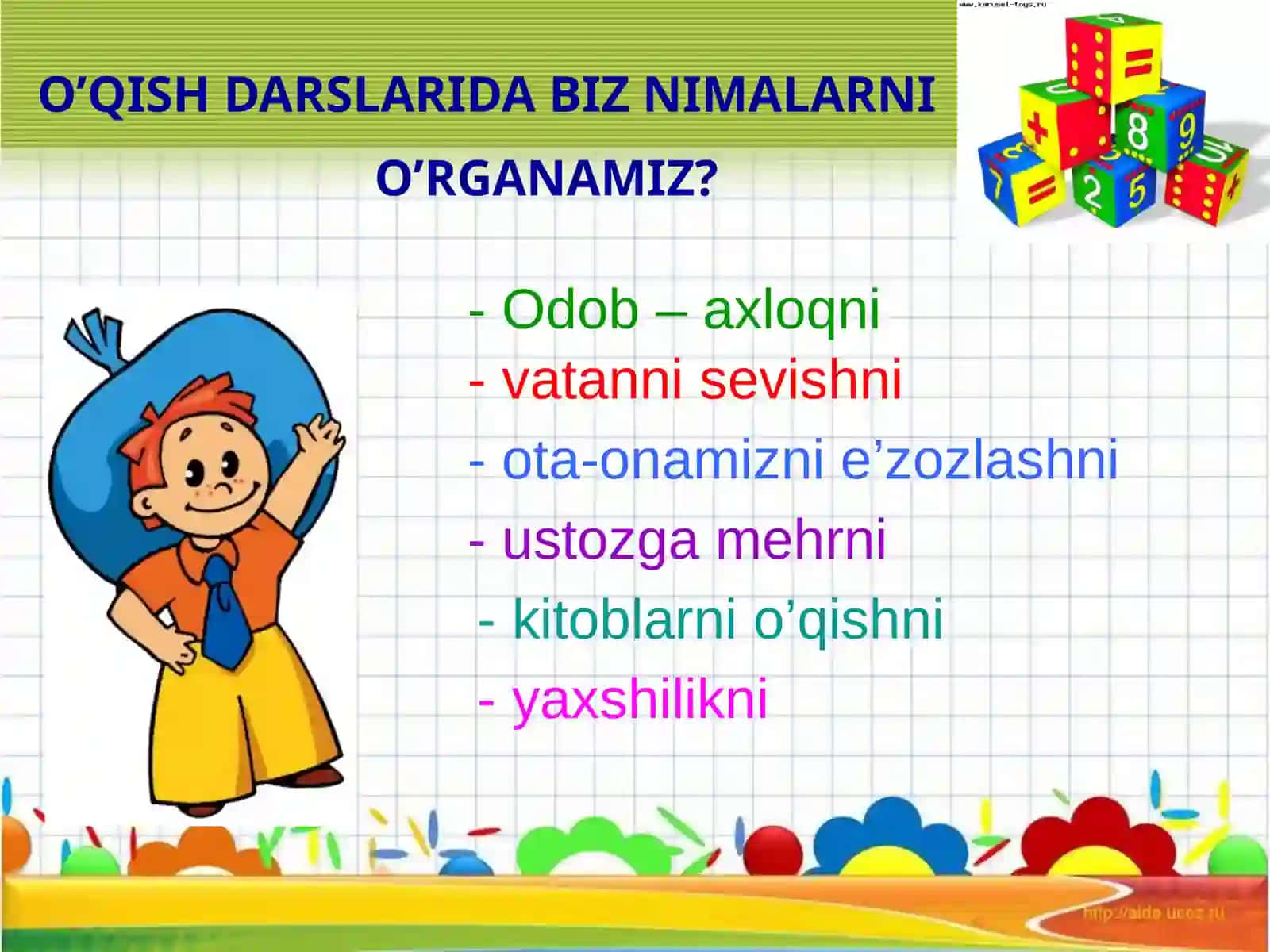 O’QISH XALQ TA’LIMI bo’limiga qarashli 10-son umumta’lim maktabining boshlang’ich sinf o’qituvchisi Mamatqulova Surayyo Xudayor qizining bir soatlik darsining taqdimot loyihasi 4