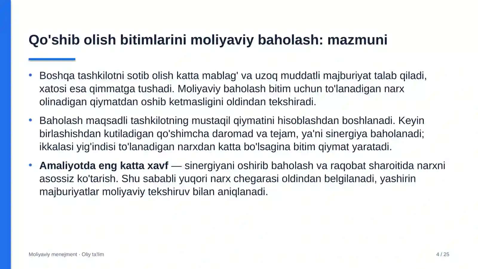 Konsullik muassasalarida qo'shib olish bitimlarini moliyaviy baholash 4