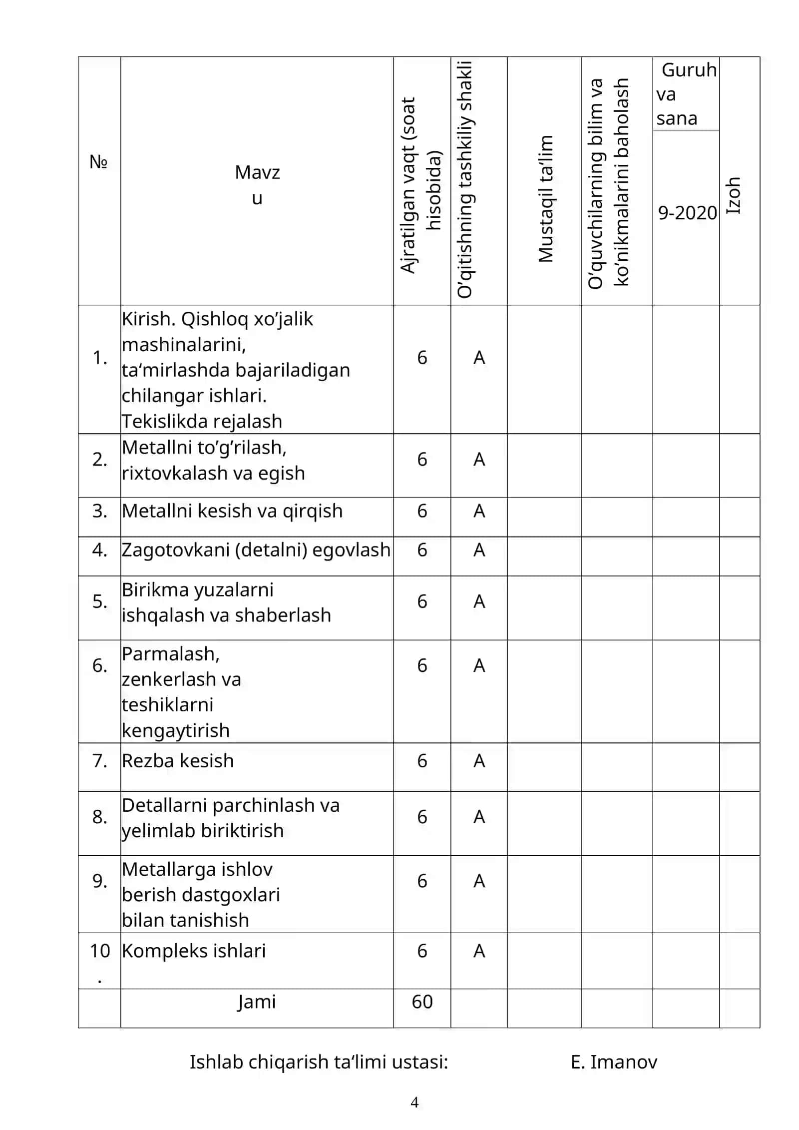 CHILANGARLIK ISHI O’QUV amaliyotidan O‘QITISH MATERIALLARI 4