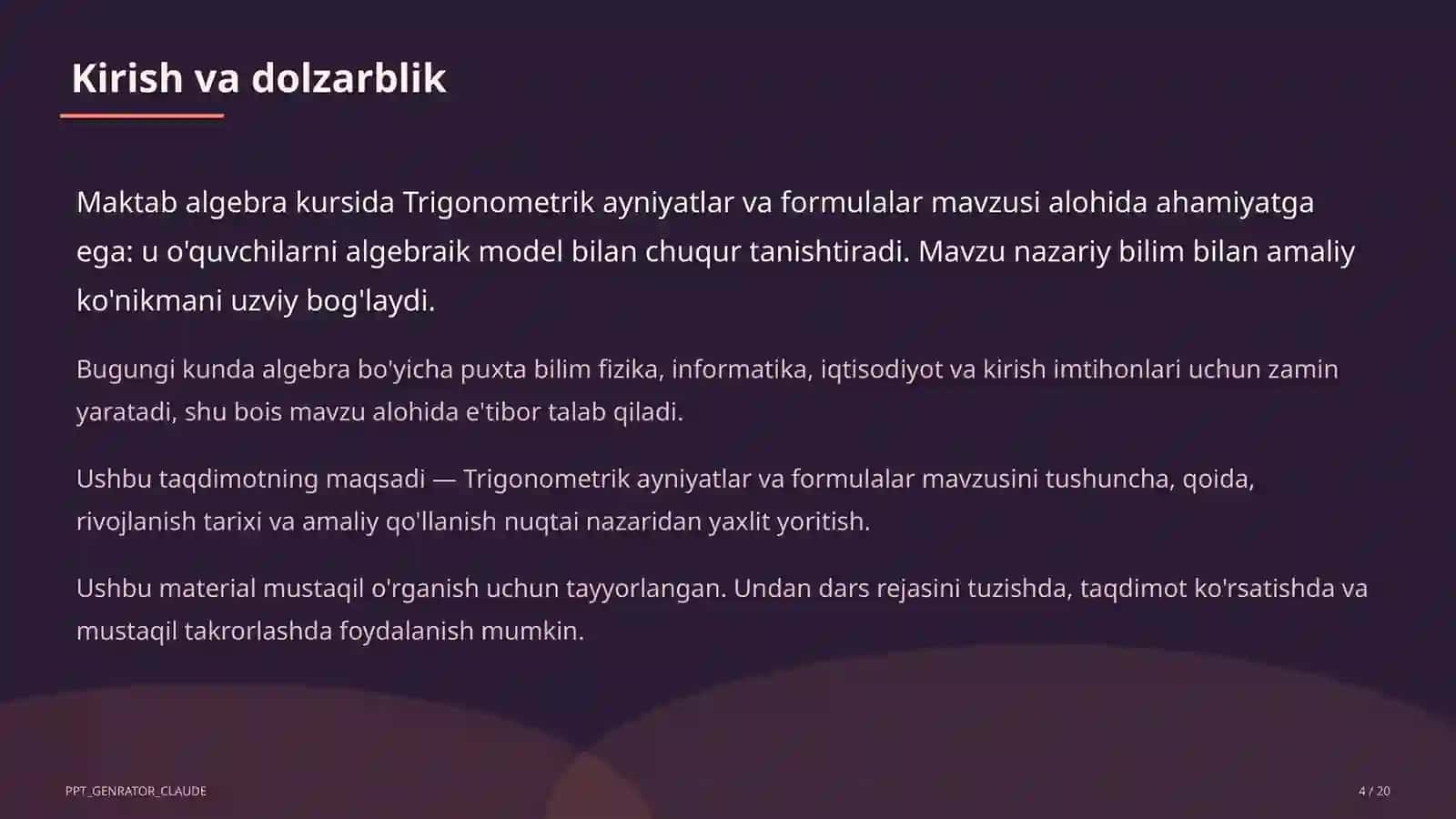 Trigonometrik ayniyatlar va formulalar (10-sinf) 4