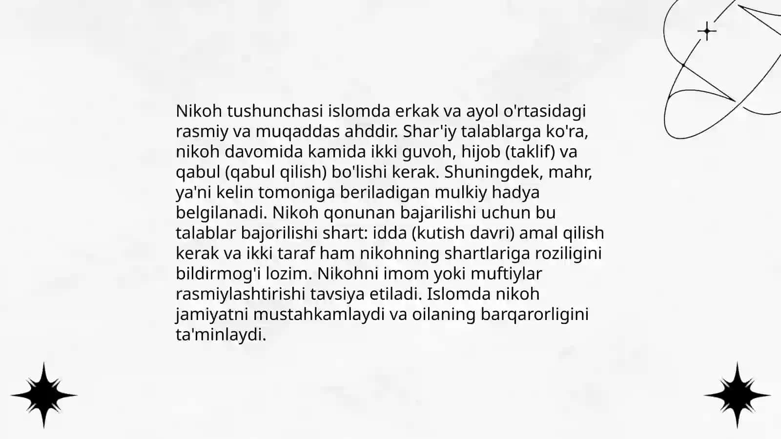 Islom huquqshunosligida oila, nikoh, talog, idda, zihor tushunchalarini ta riflashva tagdimot tayyorlash 4