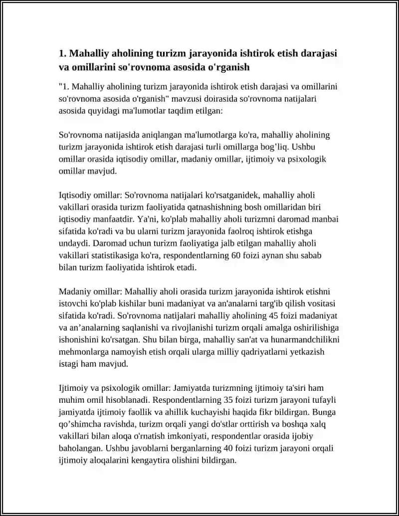 MAHALLIY AHOLI TURIZM JARAYONIDA ISHTIROKINI SO'ROVNOMA ASOSIDA O’RGANISH 4