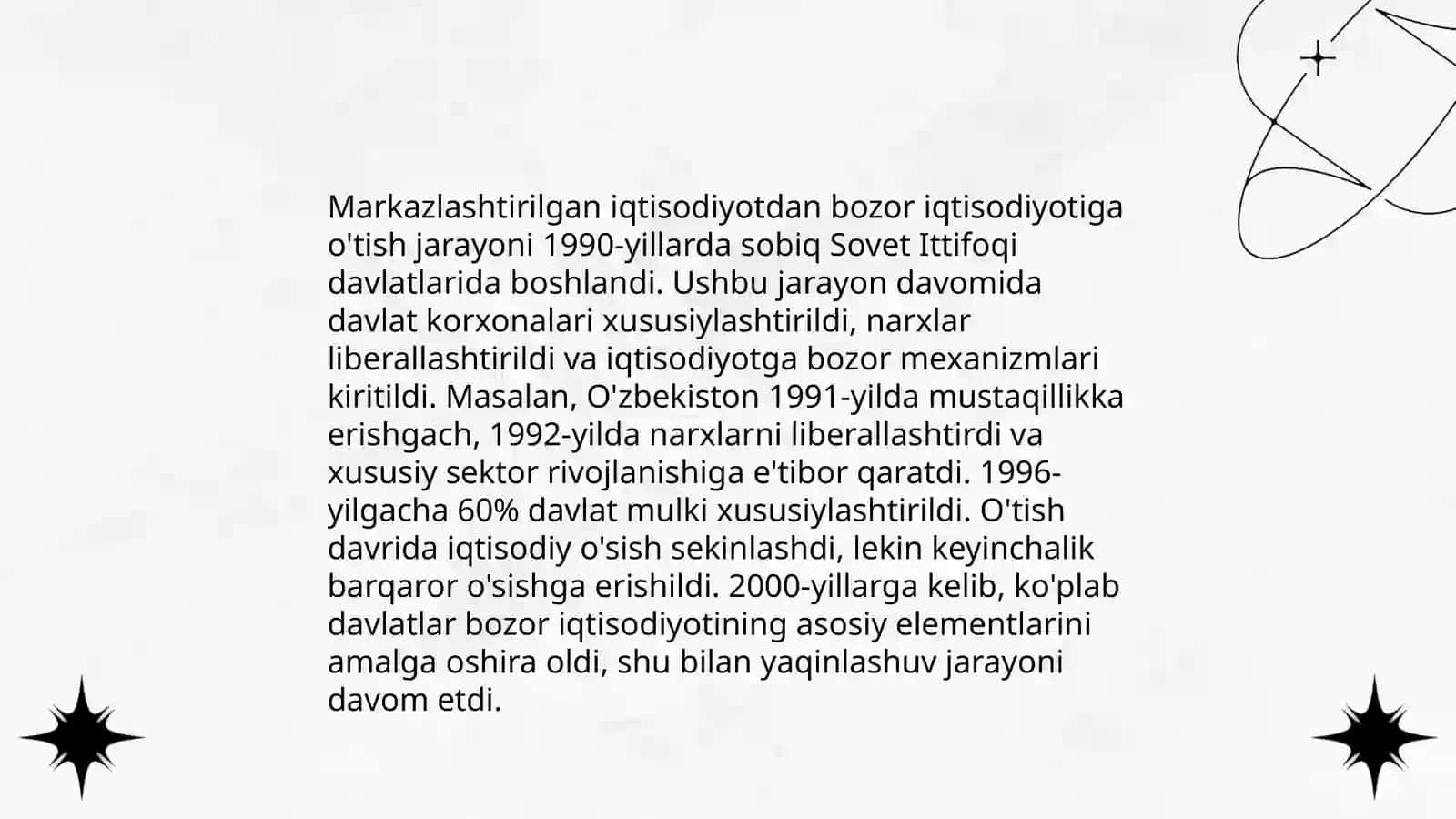 O'zbekistonda bozor iqtisodiyotiga o'tishning zaruriyati va bozor iqtisodiyotining hozirgi holati bo'yicha 4