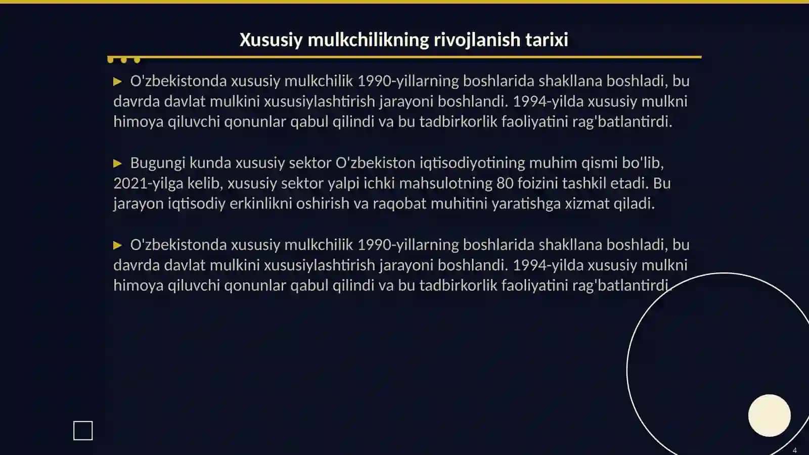 Iqtisodiy islohotlar, xususiy mulkchilikning shakllanishi. Õzbekistonda bozor munosabatlarining rivojlanishi 4