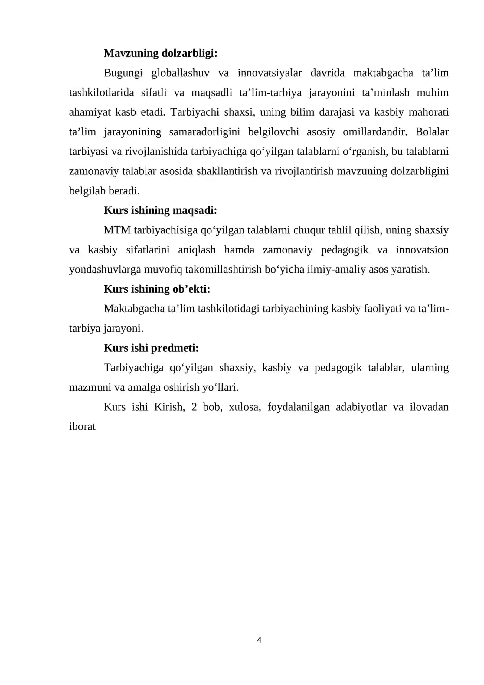 MAKTABGACHA TALIM TASHKILOTI.  MTM  TARBIYACHISI  SHAXSIGA. QOYILGAN TALABLAR 4