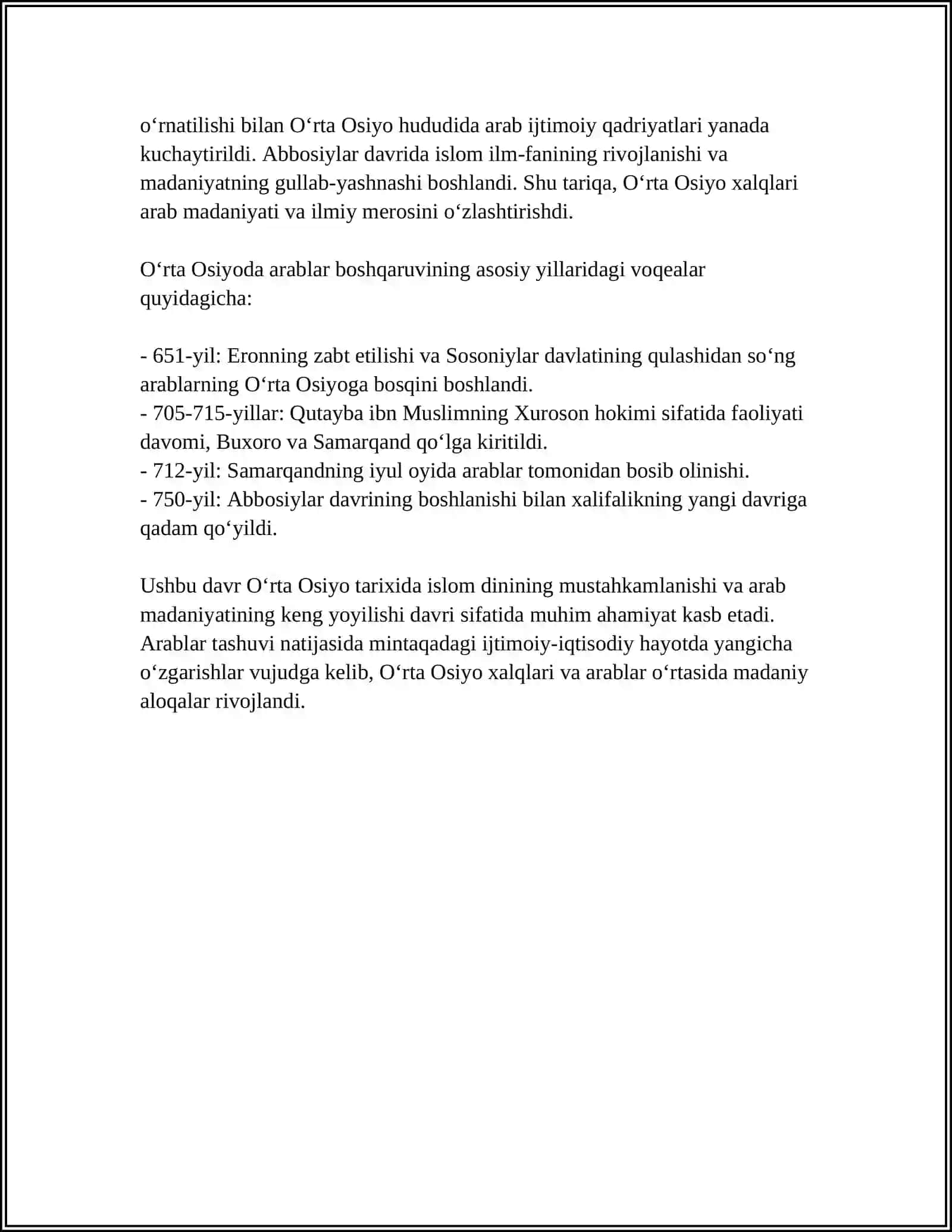 O’RTA OSIYODA ARABLAR HUKMRONLIGINING O’RNATILISHI VA ISLOM HUQUQINING ASOSIY BELGILARI 4