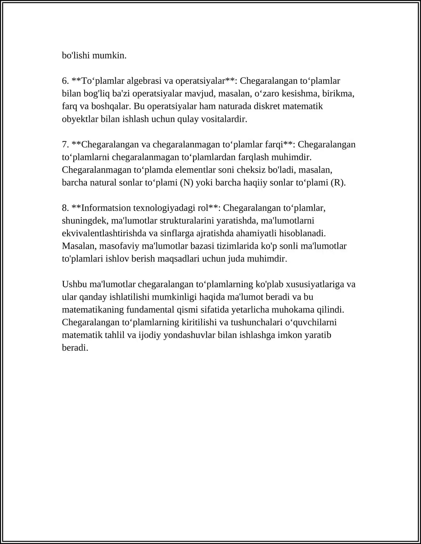 MUSTAQIL ISH Mavzu: CHEGARALANGAN TOʻPLAMNING ANIQ CHEGARALARI,VA ULAR HAQIDA TEOREMA LAR,MATEMATIK INDUKSIYA USULI VA NYUTON BINOMI 4