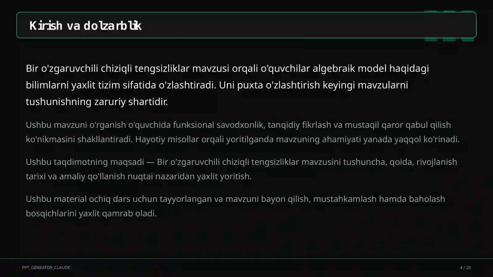 Bir o'zgaruvchili chiziqli tengsizliklar (8-sinf) 4