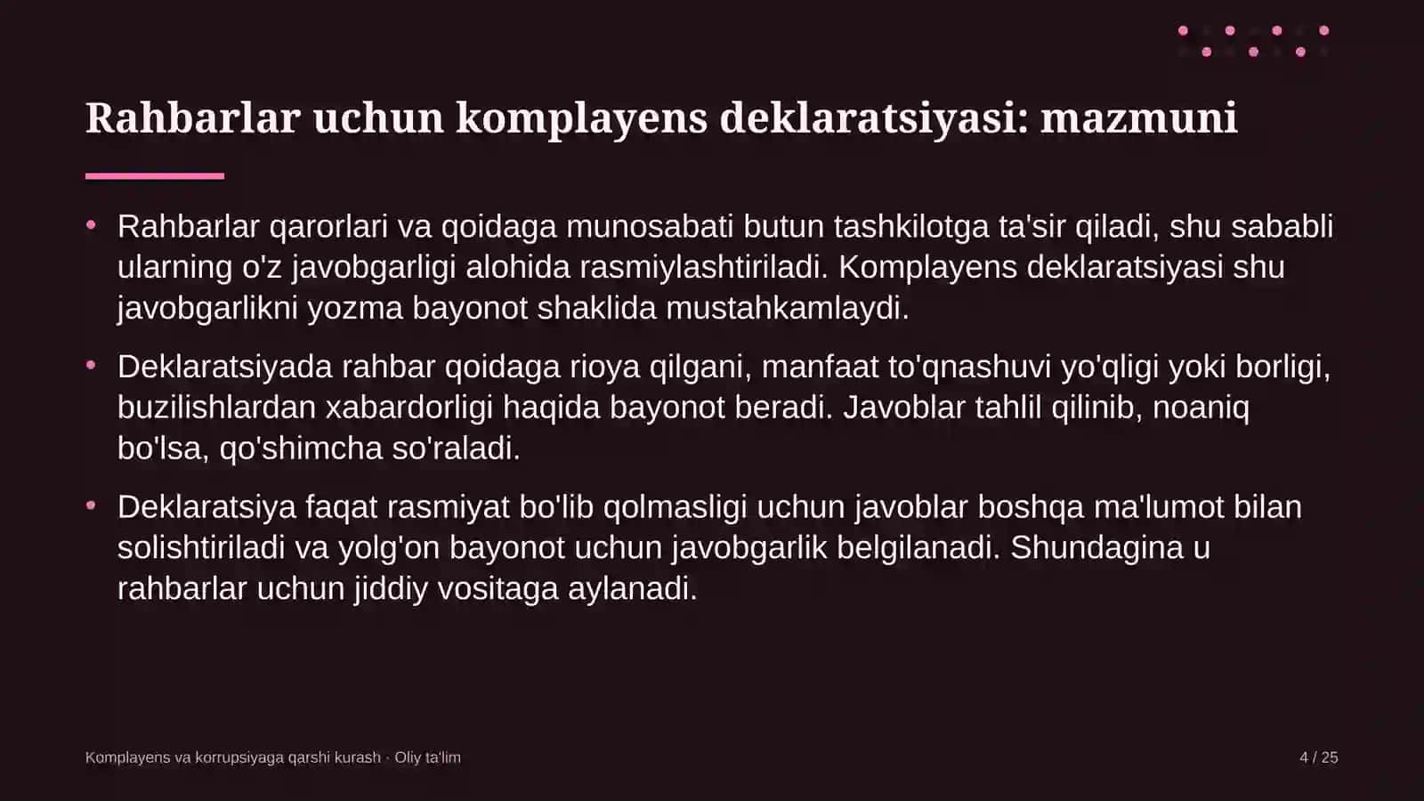 Korxonalarning yuridik xizmatlarida rahbarlar uchun komplayens deklaratsiyasini joriy etish 4