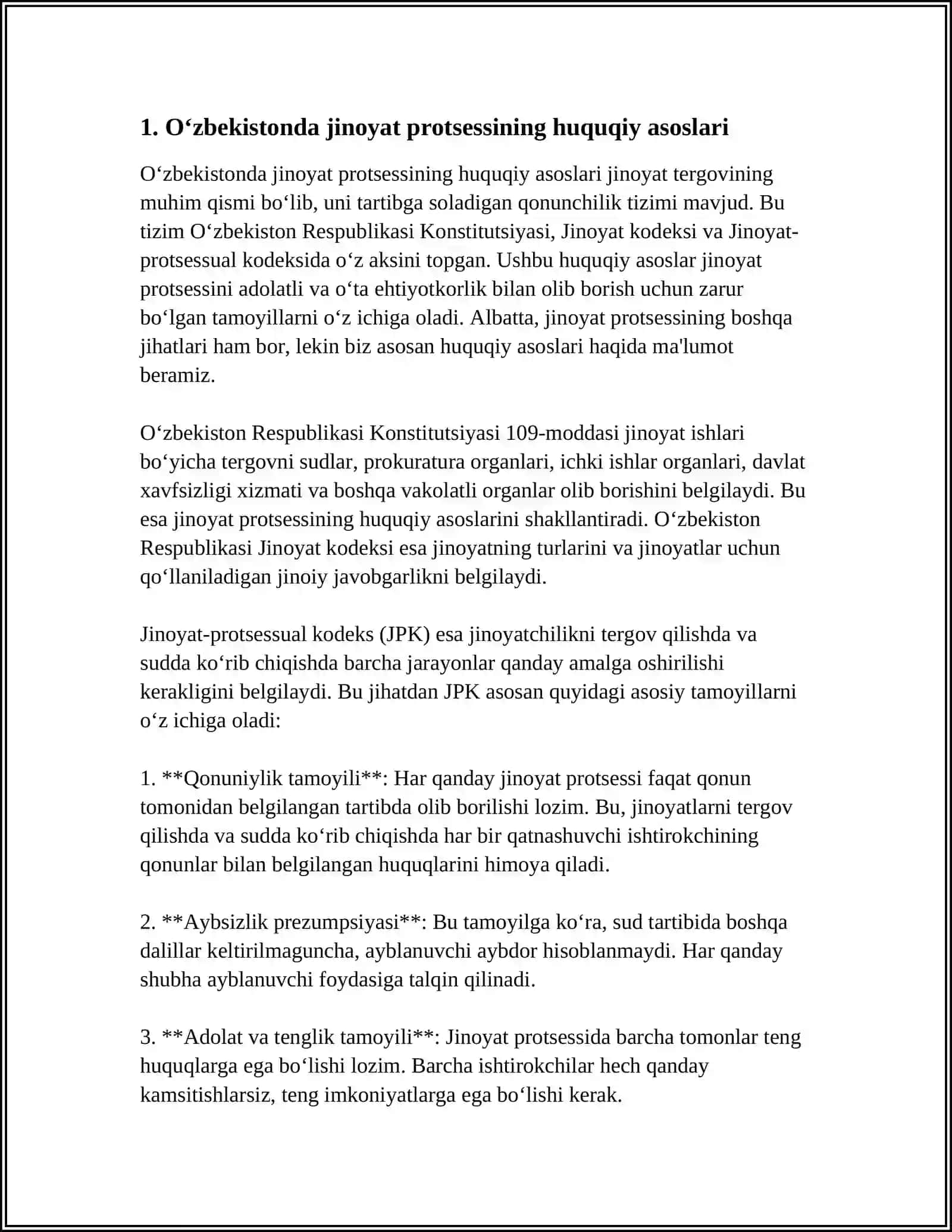 MUSTAQIL ISH Mavzu: ÕZBEKISTON RESPUBLIKASIDA JINOYAT PROTSESSINING HUQUQIY FAOLIYATLARINI YURIDIK TAHLIL QILISH 4