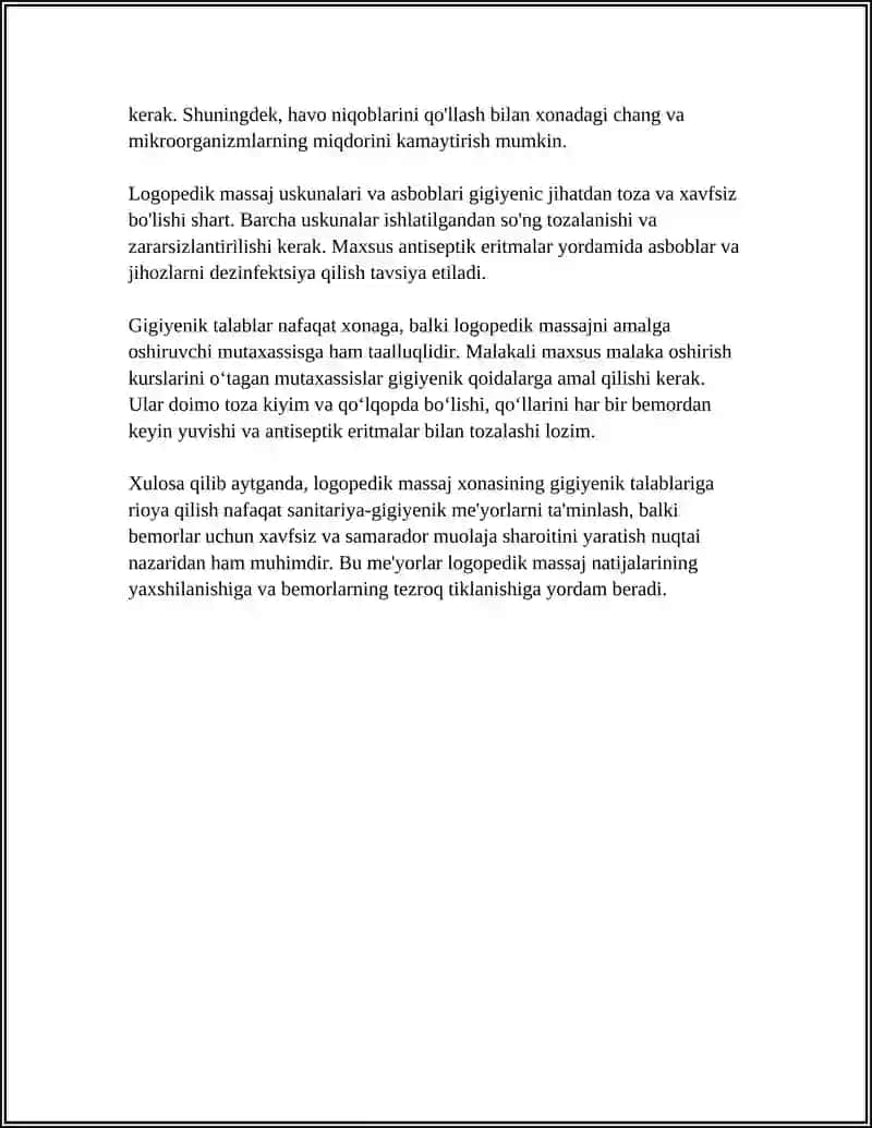 LOGOPEDIK MASSAJNI O'TKAZISHDA ISH JOYINI TASHKIL QILISH UCHUN GIGIYENIK TALABLAR. YUTISH VA CHAYNASHGA O'RGATISH TEXNIKASI 4
