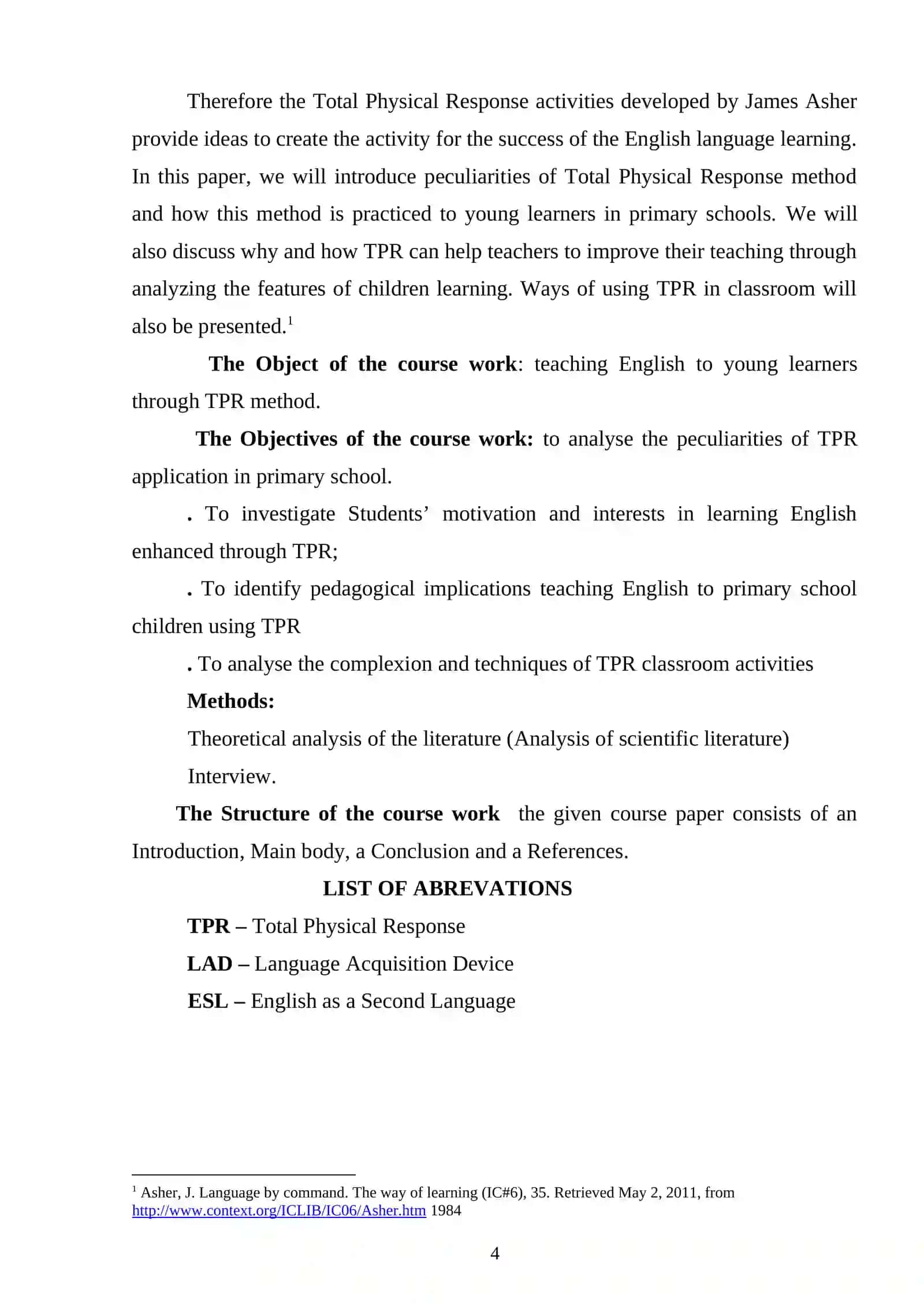 Course Work: The Total Physical Response in Teaching Foreign Language in Primary Classes 4