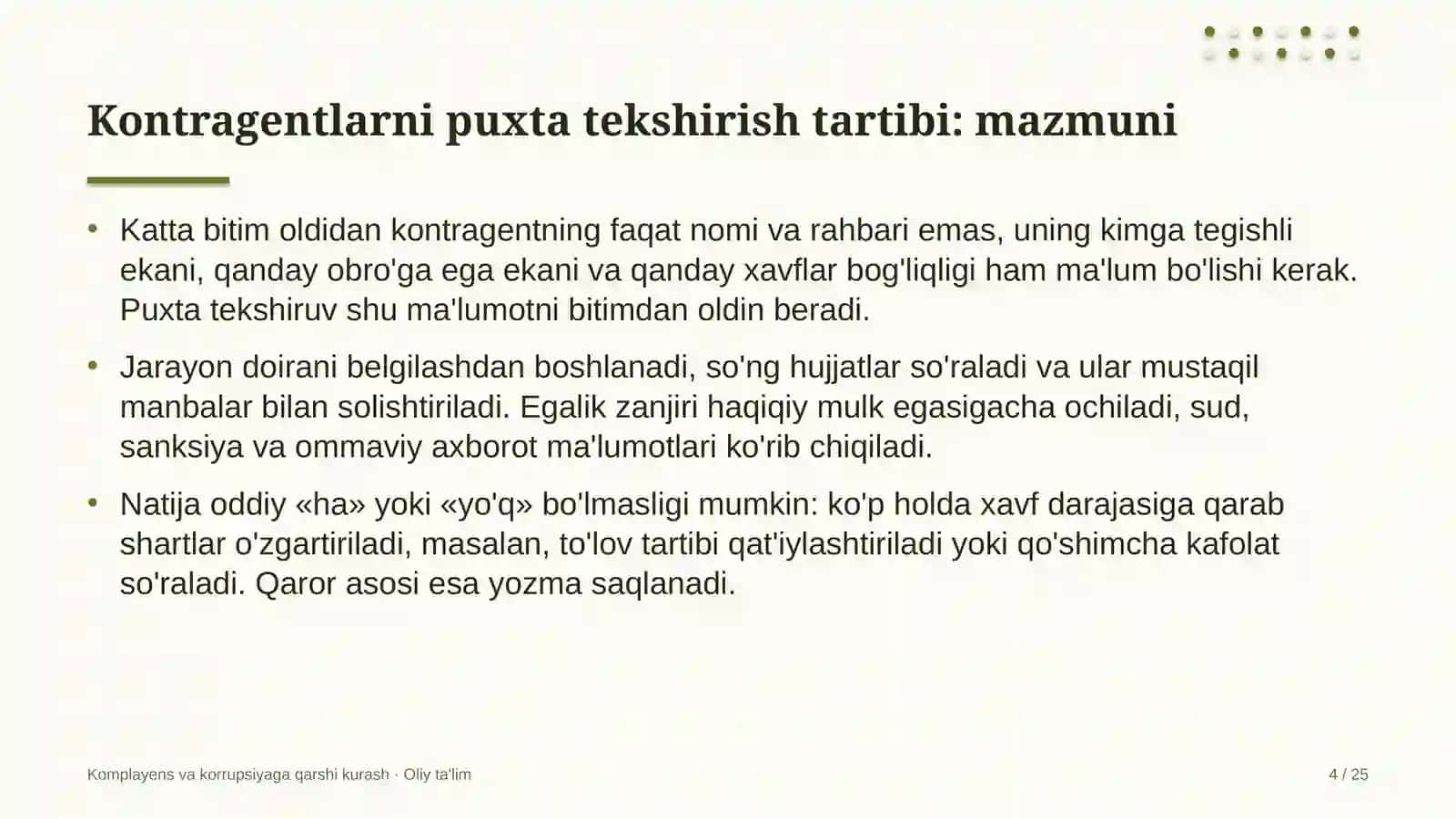 Komplayens va korrupsiyaga qarshi kurash · Oliy ta'lim 4