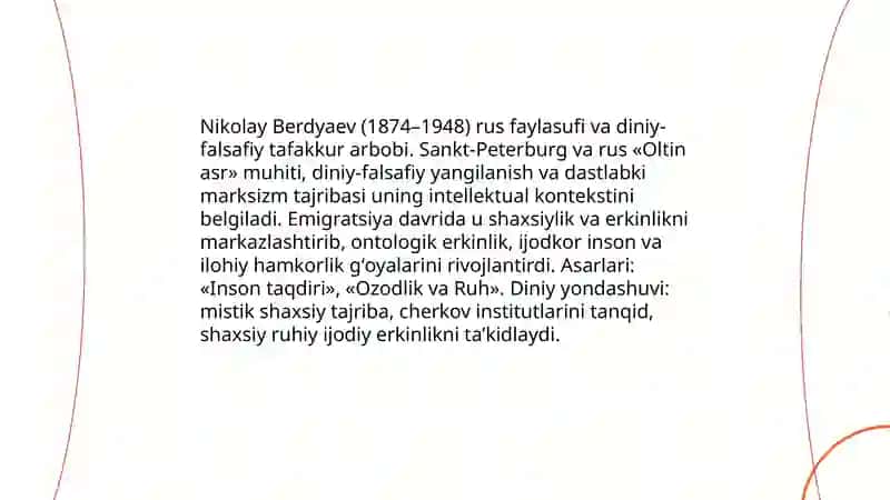 Din va hurfikrlilik “mavzusida prerzentatsiya tayyorlash (Berdyaevning diniy hurfikrlilik haqidagi gʻoyalarini Gʻazzoliy gʻoyalari bilan qiyoslash) 4