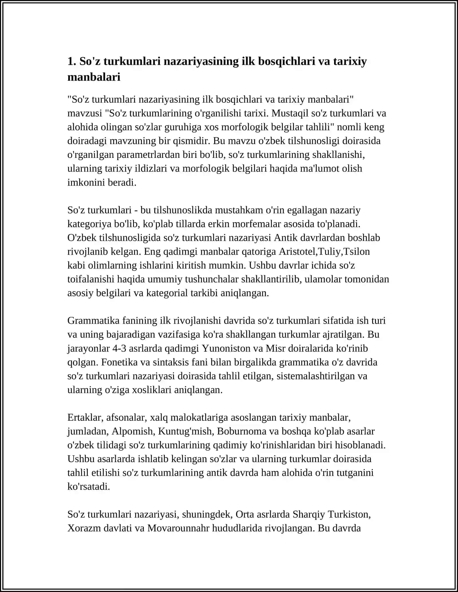SO'Z TURKUMLARINING O'RGANILISHI TARIXI. MUSTAQIL SO'Z TURKUMLARI VA ALOHIDA OLINGAN SO'ZLAR GURUHIGA XOS MORFOLOGIK BELGILAR TAHLILI 4