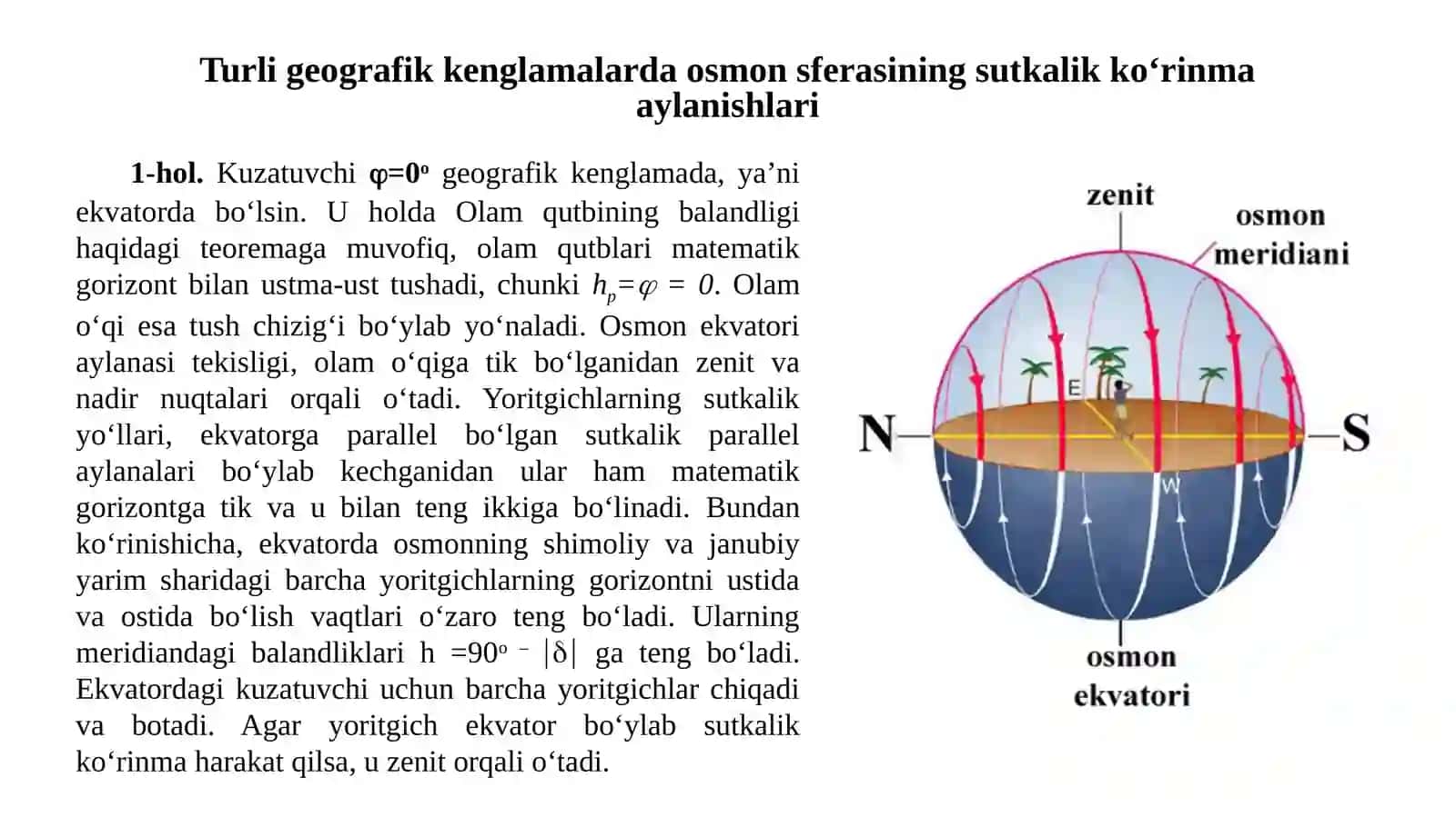 11-sinf Astronomiya dars ishlanma. Olam qutbining balandligi va joyning geografik kenglamasi orasidagi bog'lanish 4