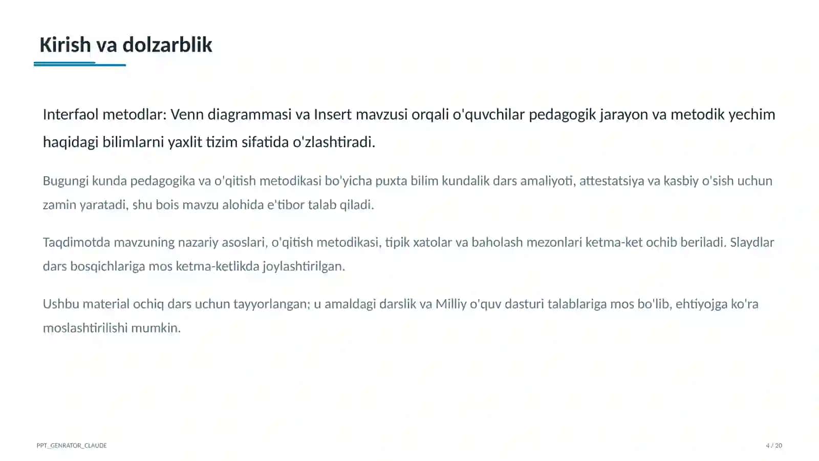 Interfaol metodlar: Venn diagrammasi va Insert 4