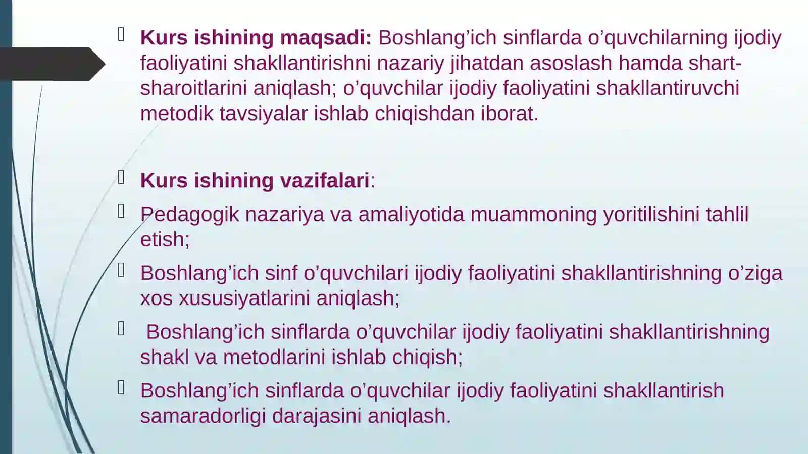 BOSHLANG`ICH SINFO`QUVCHILARIDA MUSIQA IJODKORLIGINI OSHIRISHDA AMALGAOSHIRILADIGANISHLAR MAZMUNI 4