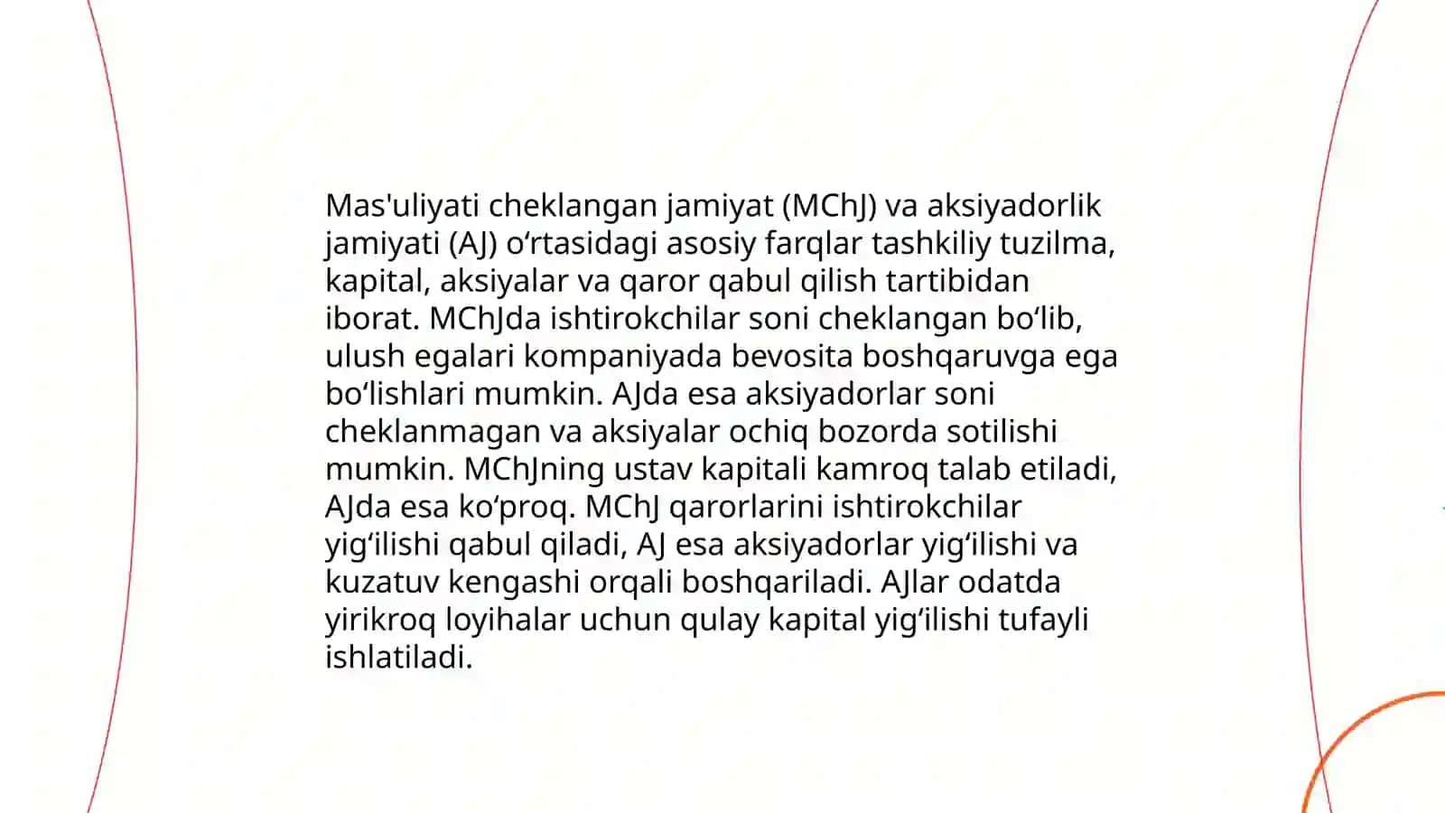 Tadbirkorlik faoliyati subyekti sifatida xo‘jalik shirkatlarining o‘xshash hamda farqli jihatlarini amaliy misollar bilan qonunchilik hujjatlarida asosida izohlang 4
