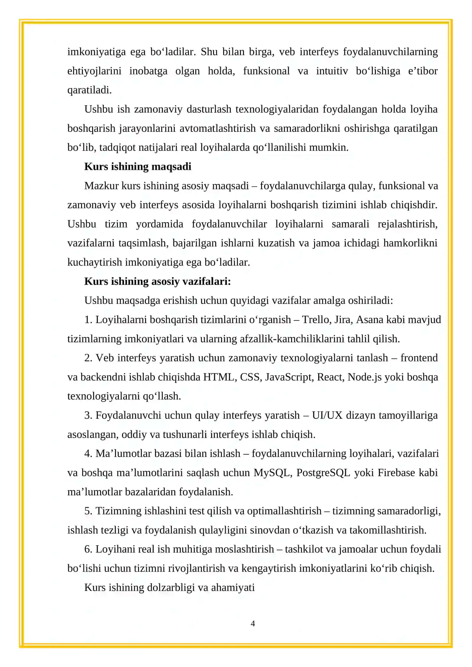 KURS ISHI: "Loyihalarni boshqarish uchun veb interfeys yaratish" 4