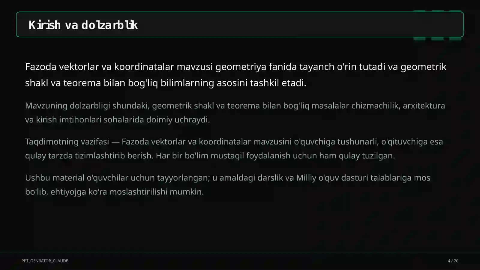 Fazoda vektorlar va koordinatalar (11-sinf) 4