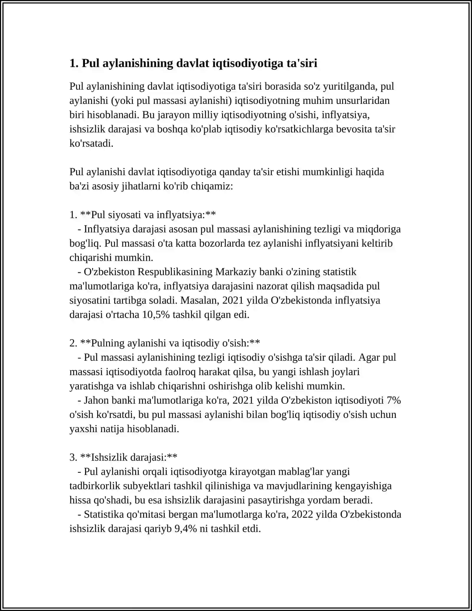 DINAMIK MAKROIQTISODIYOT FANIDAN PUL VA INFILATSIYA MUSTAQIL ISH 4