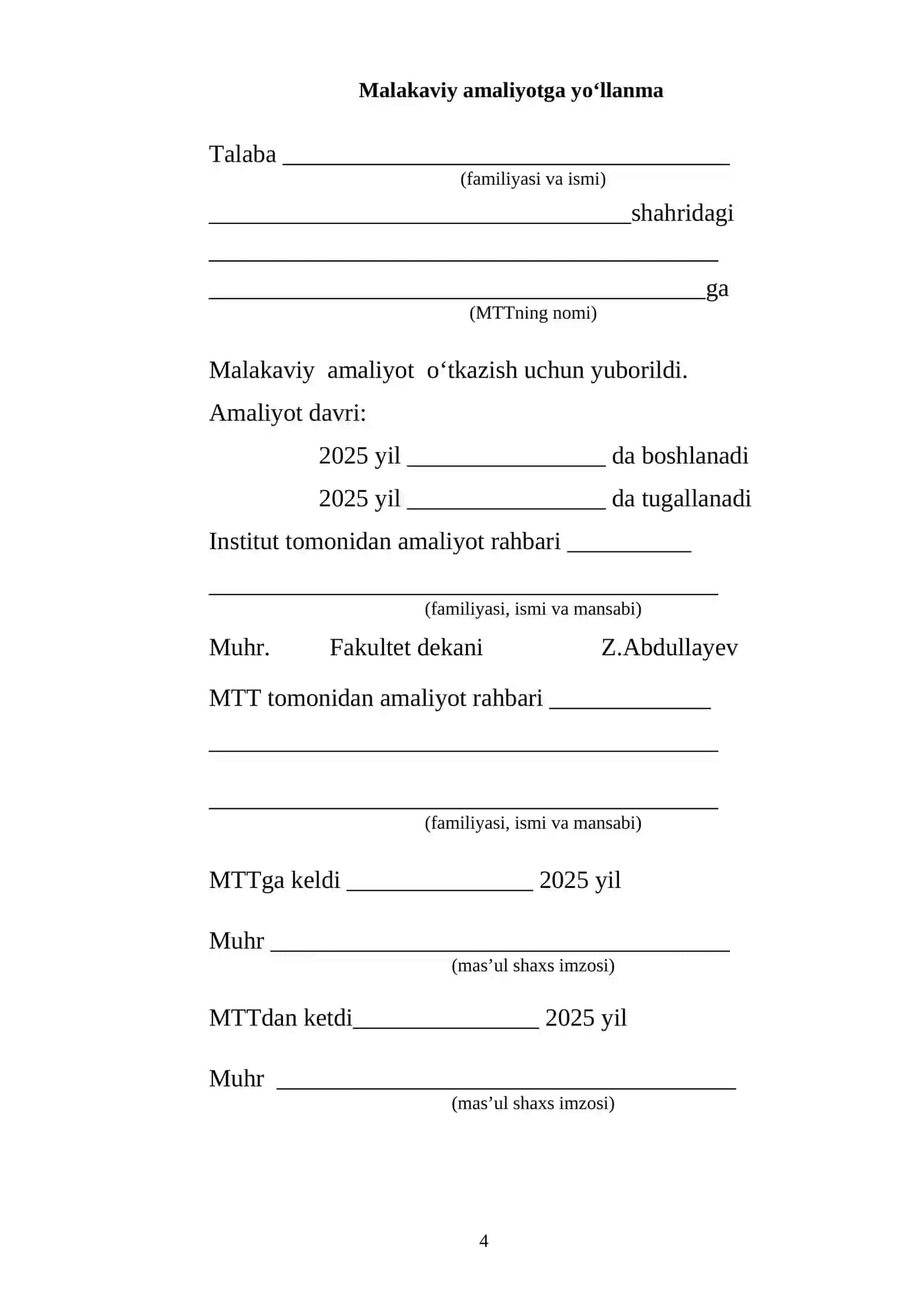 Talabaning MALAKAVIY amaliyoti Kundaligi 4