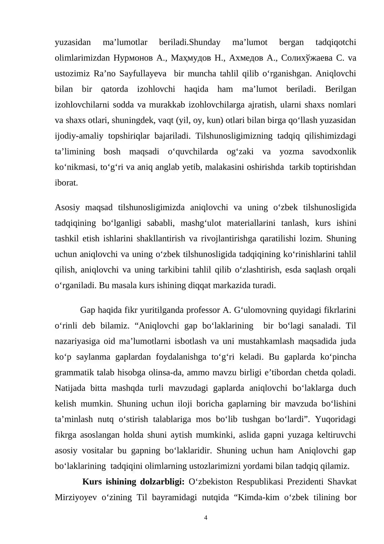 Aniqlovchi va uning oʻzbek tilshunosligida tadqiqi kurs ishi 4