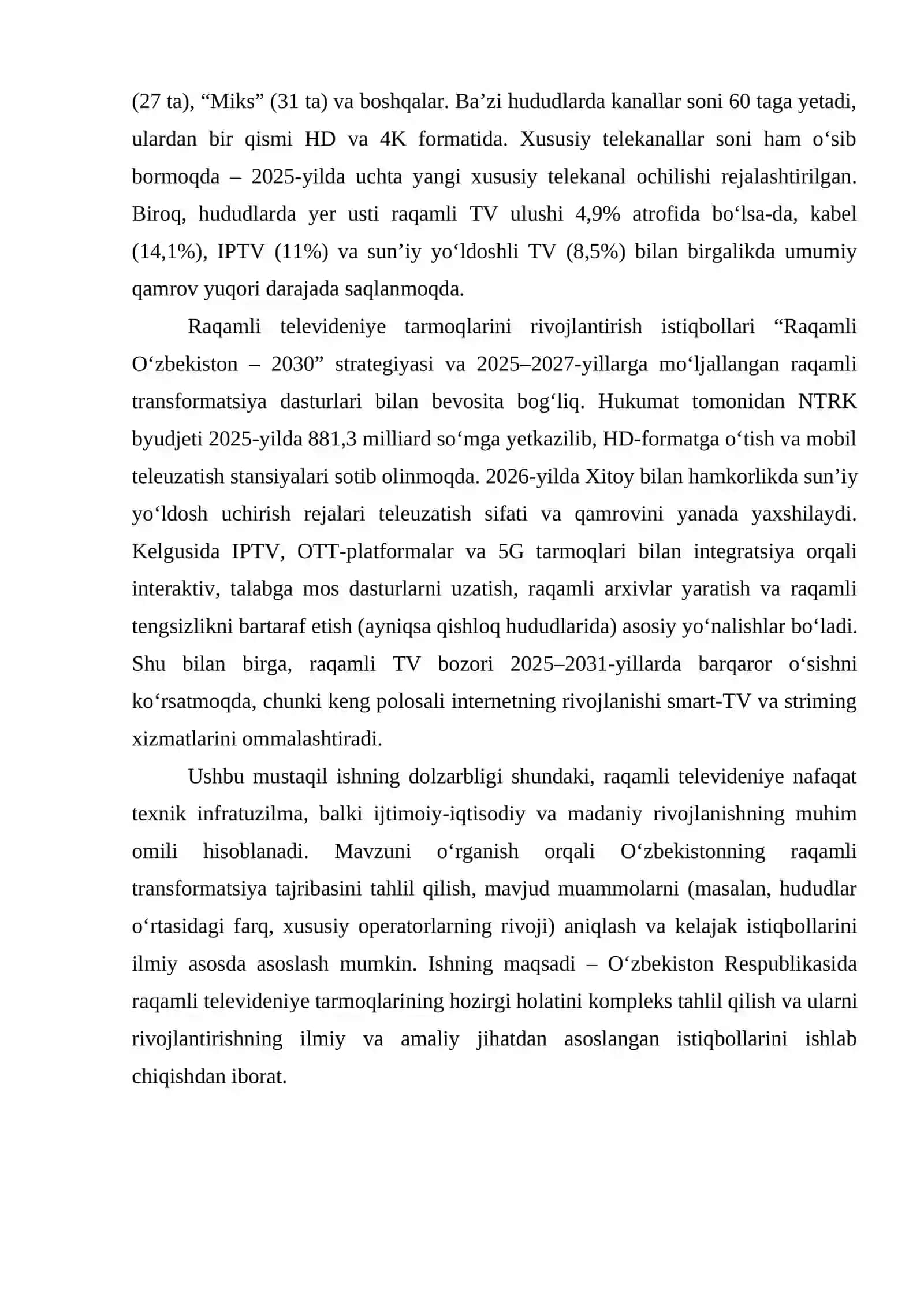 O‘zbekiston Respublikasida raqamli televideniye tarmoqlarining bugungi kun holati va uni rivojlantirish istiqbollari. 4