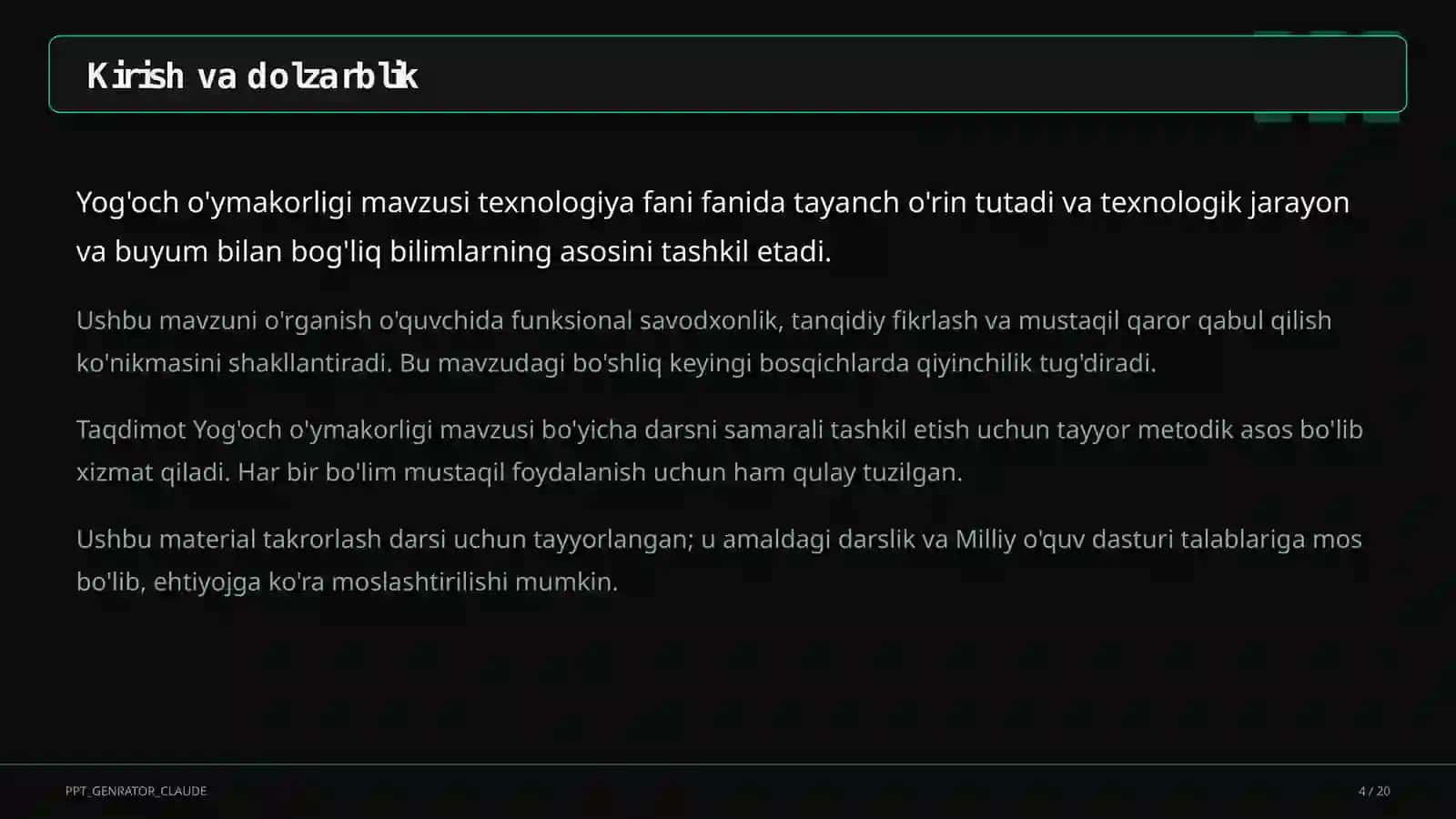 Texnologiya (1–11) — takrorlash darsi uchun 4