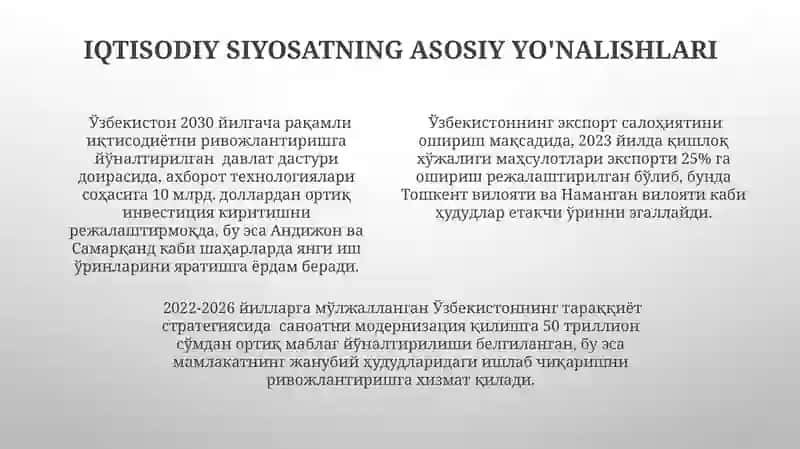 Oʻzbekiston iqtisodiyoti taraqqiyotining "Òzbek modeli" 4
