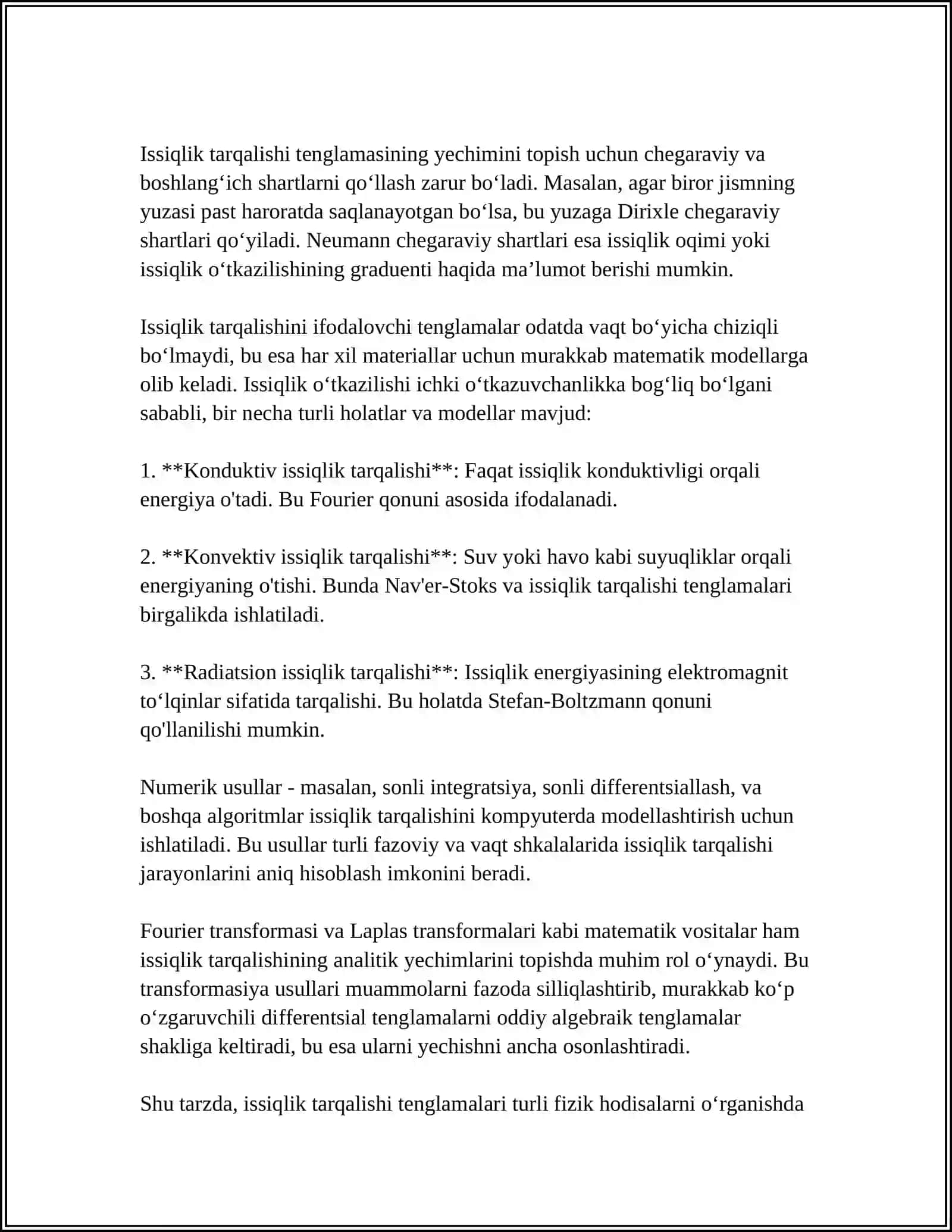 ISSQLIK TARQALISH TENGLAMASINI METALL STERJINDAN CHEGARALANMAGAN STERJINDA FAZODA TEKSHIRISH LAPLASNING IKKINCHI TENGLAMASIGA KRLTITILADIGAN MASALALAR DIRIXLE MASALASINI...2024-2025-o'quv yili 4