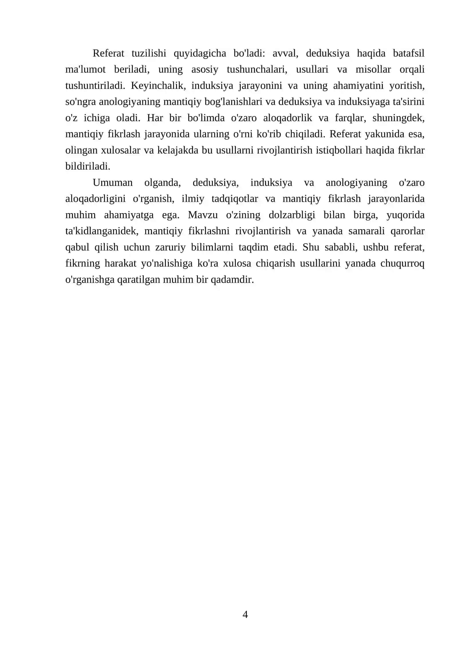 Fikrning harakat yo'nalishiga ko'ra xulosa chiqarish: deduksiya, induksiya va anologiya; ularning o'zaro aloqadorligi 4