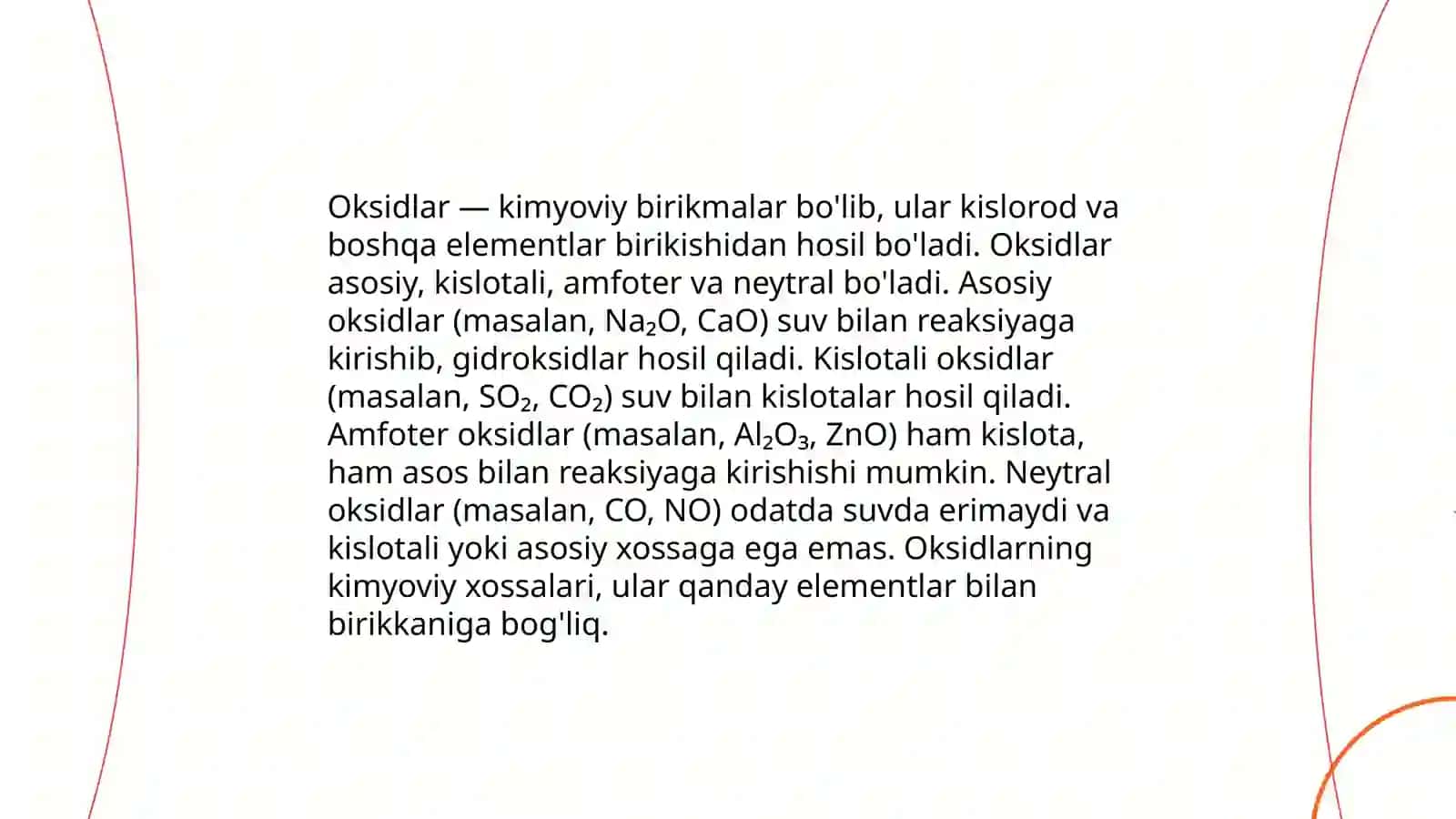 Oksidlar, asoslar, kislatalar va tuzlarning olinishi, xossalari ishlatilishi. Modda tuzilishi 4