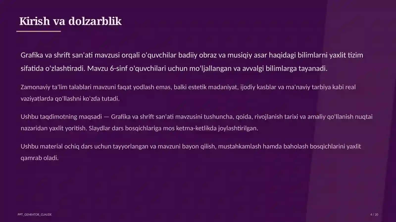 Tasviriy san'at va musiqa (1– 7) — ochiq dars uchun 4