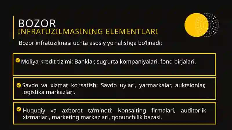 Bozor infratuzilmasi. O‘zbekistonda rivojlangan infratuzilmani shakllantirish yo’llari. 4