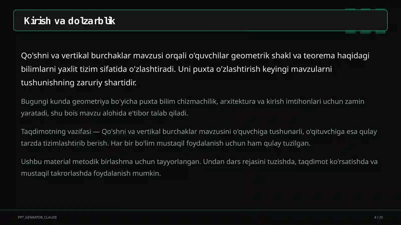 Qo'shni va vertikal burchaklar (7-sinf) 4