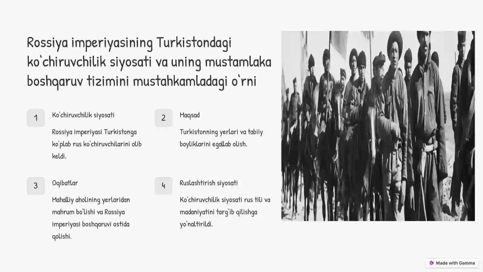 Rossiya imperiyasining Turkistondagi mustamlaka siyosati va xalq ozodlik harakatlari 4