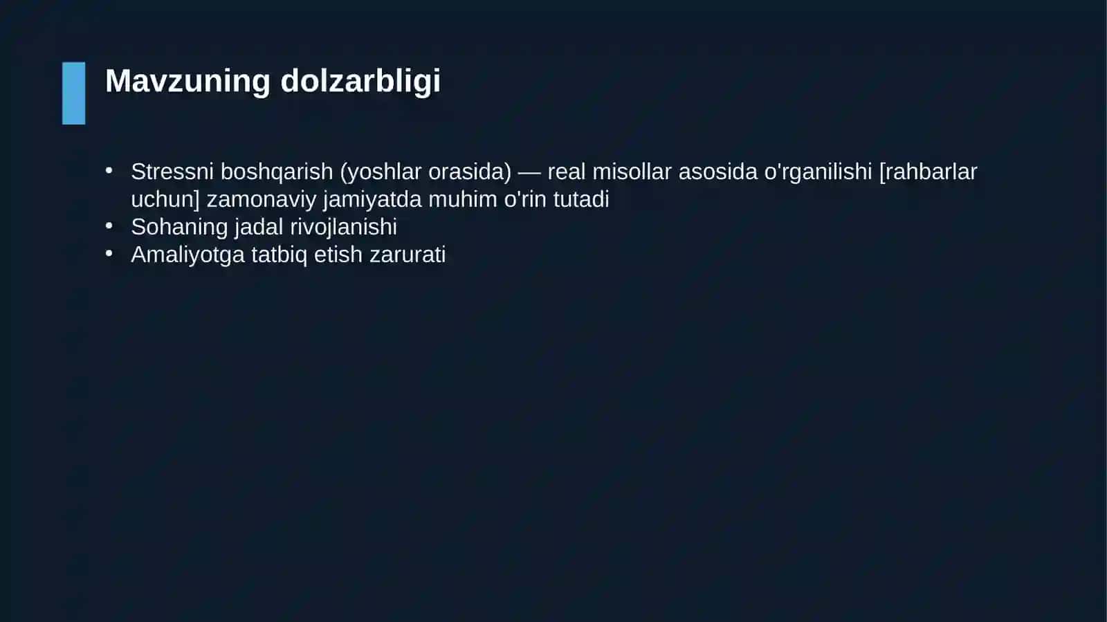 Stressni boshqarish (yoshlar orasida) — real misollar asosida o'rganilishi [rahbarlar uchun] 4