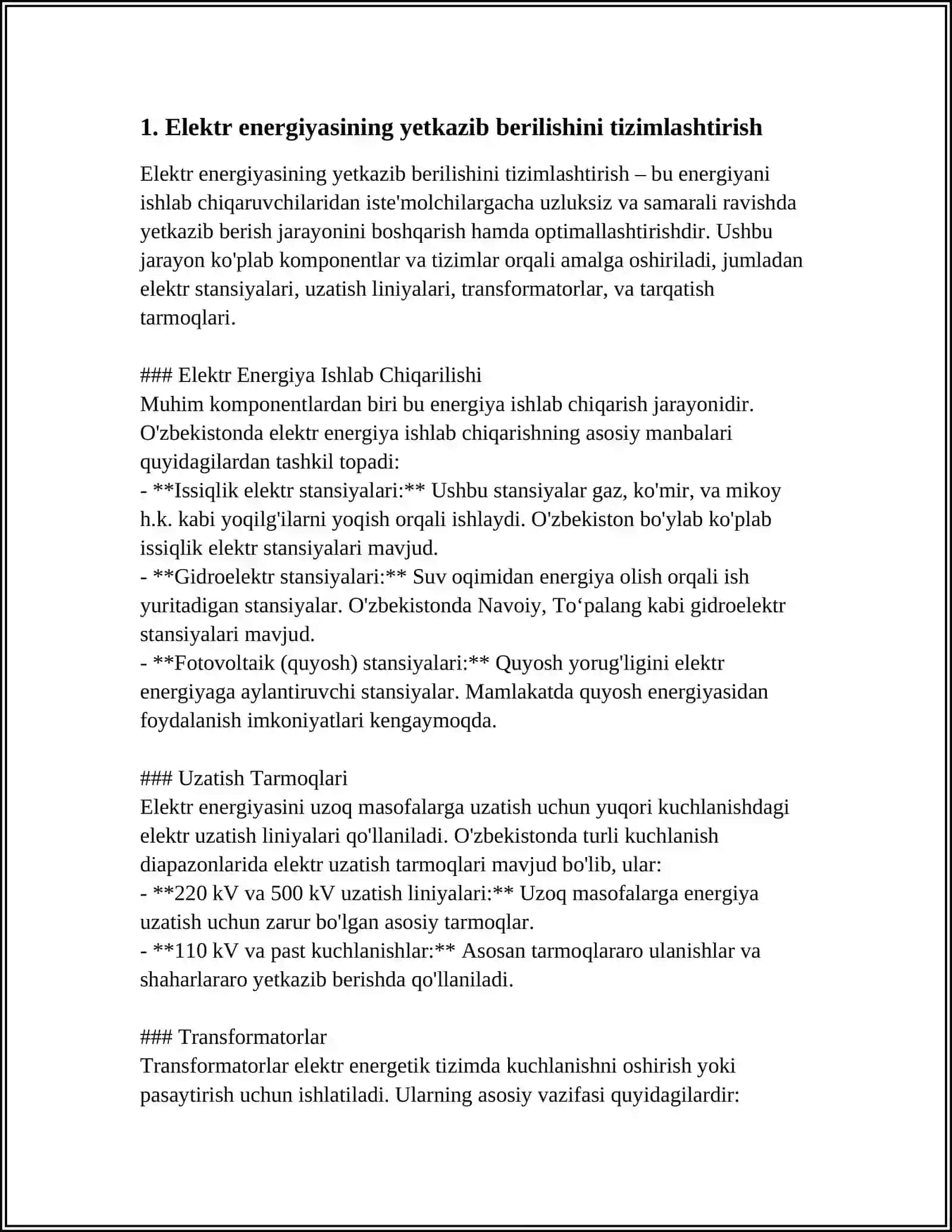 O'ZBEKISTONDAGI SANOAT KORXONALARIDA ELEKTR ENERGIYASINING TA'MINOTI TIZIMI 4