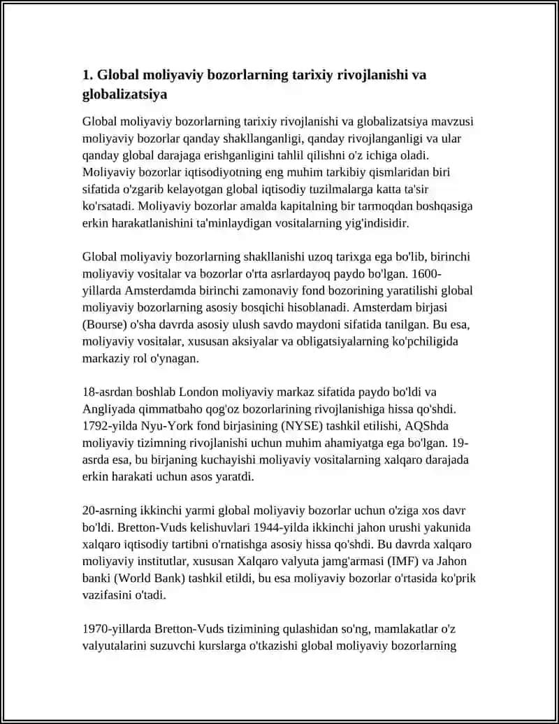 GLOBAL MOLIYAVIY BOZORLARNING SHAKLLANISHI,AMAL QILISHI VA ULARNI TARTIBGA SOLISH VOSITALARI 4