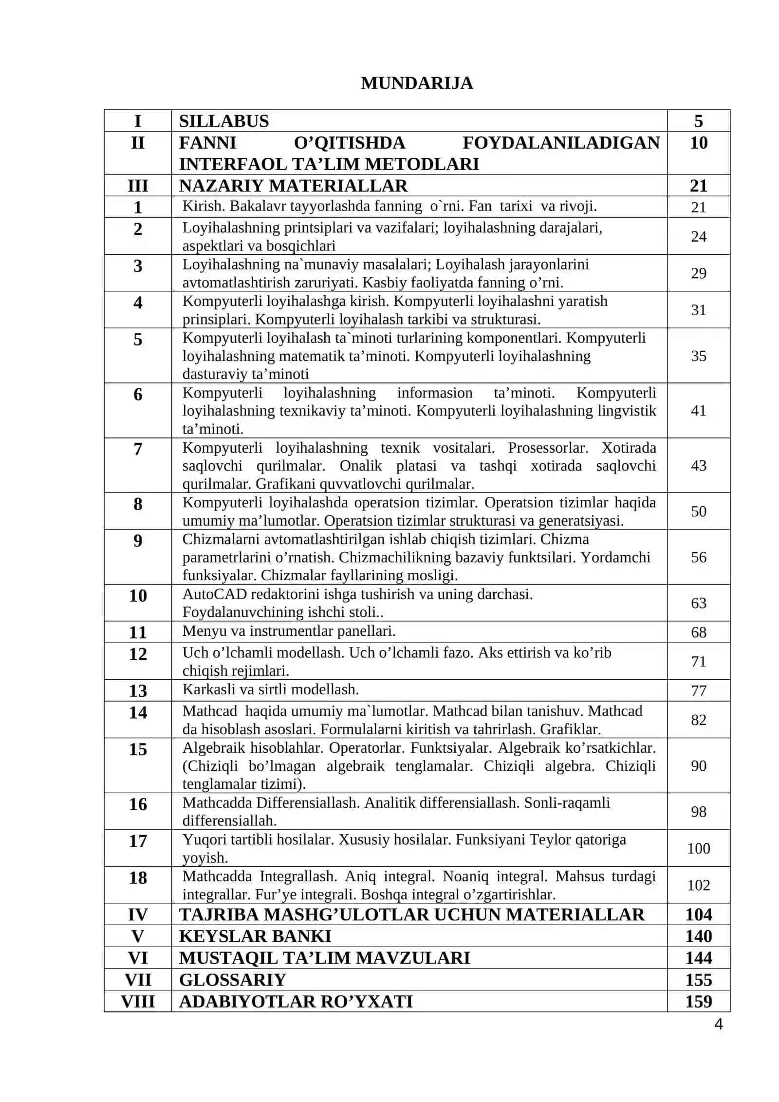 Komp’yuterli loyihalash (CAD) fani bo’yicha o’quv-uslubiy majmua 4