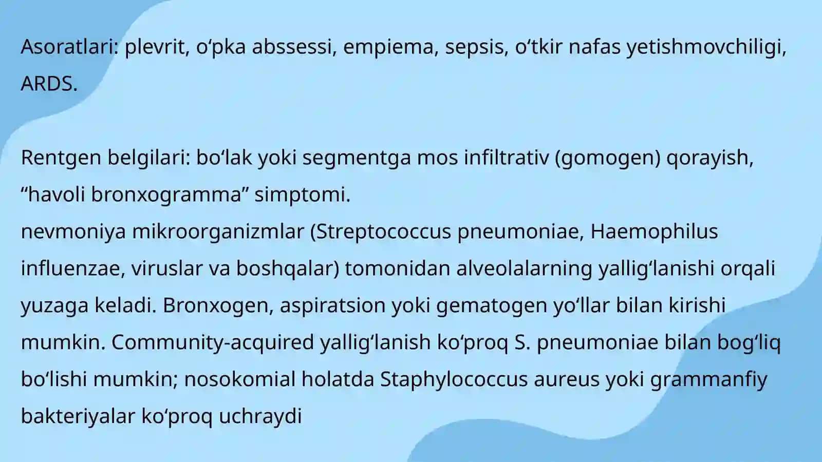 Oʻpka absess,rak,infarkti,sili,exinokokkozi,pnevmoniya,xobl 4