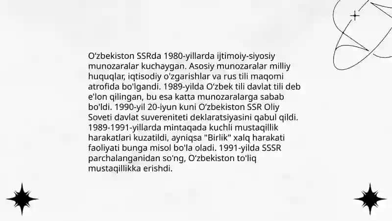 Mustaqillikka erishish arafasida Õzbekistondagi ijtimoiy- siyosiy jarayonlar 4