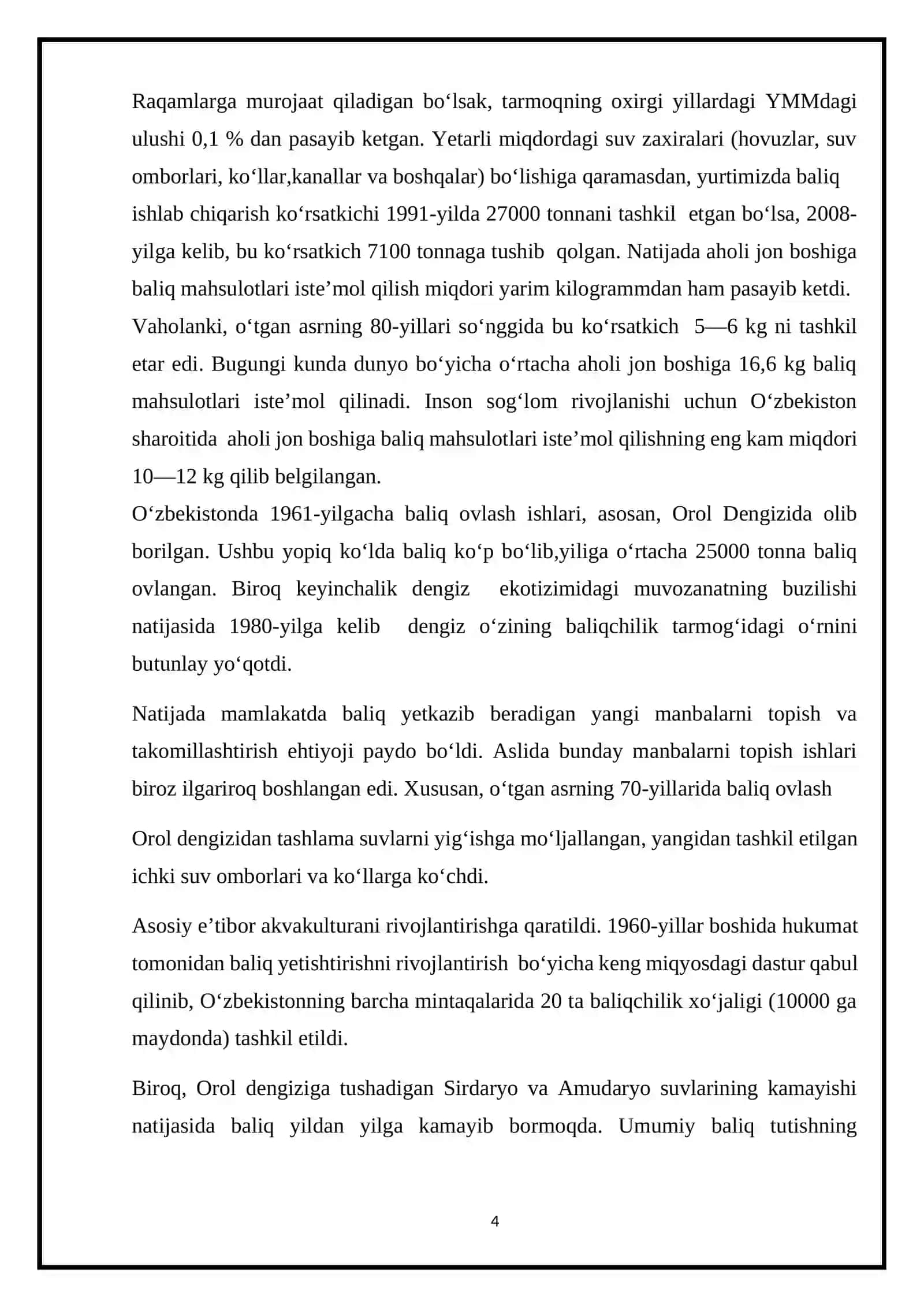BALIQCHILIK, UNING IQTISODIY AHAMIYATI KURS ISHI 4