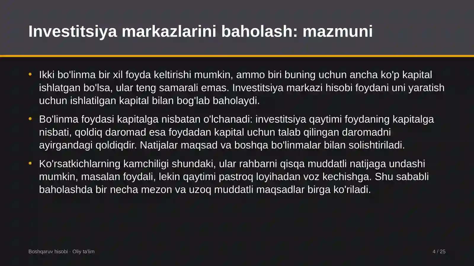 Loyiha institutlarida investitsiya markazlari faoliyatini baholash 4