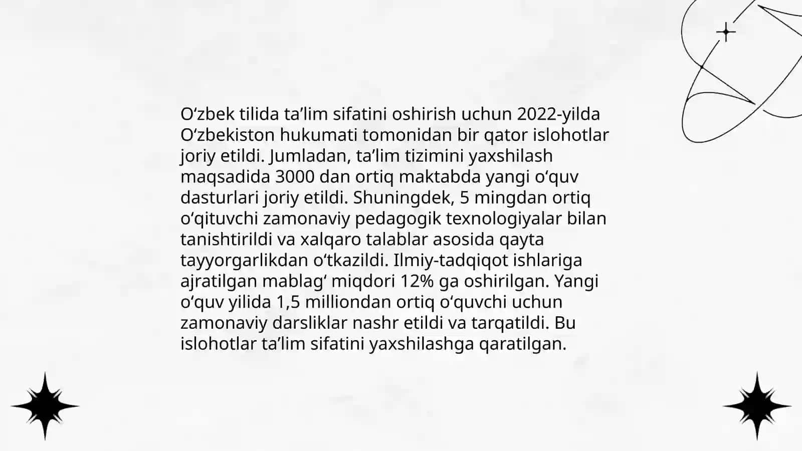 Oʻzbekiston respublikasida taʼlim sohasida amalga oshirilgan islohotlar 4